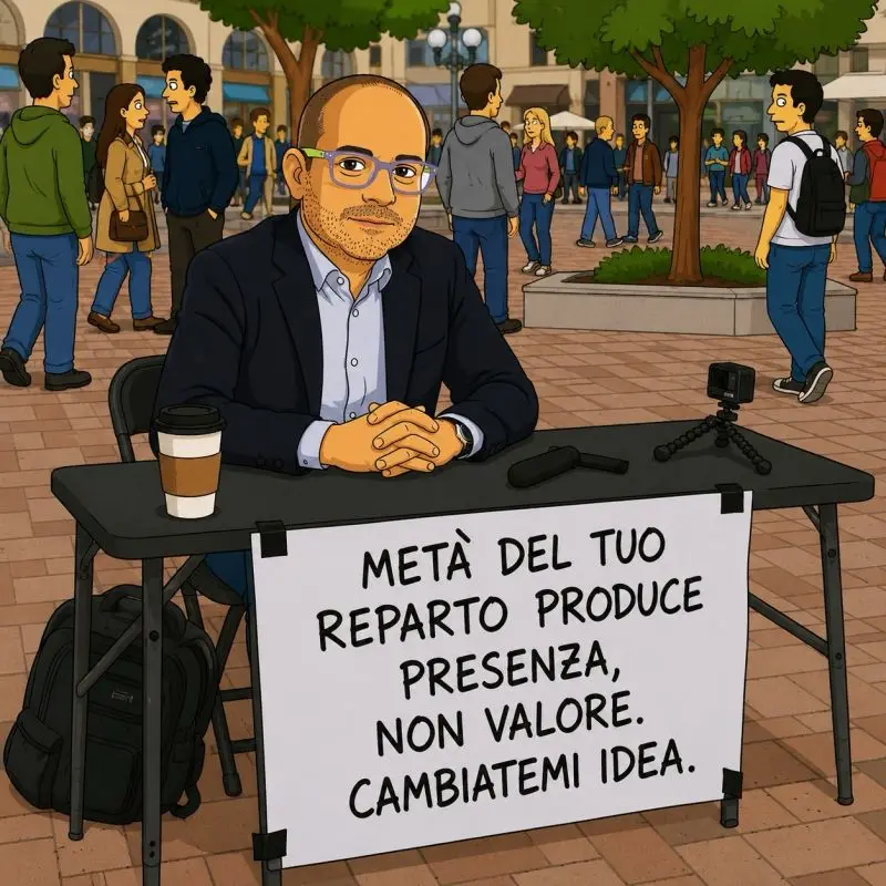Uomo in giacca con occhiali gialli seduto a un tavolo in piazza con cartello: 'Metà del tuo reparto produce presenza, non valore. Cambiatemi idea.'