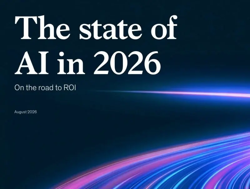 The state of AI in 2026: On the road to ROI. McKinsey report cover showing digital light streams