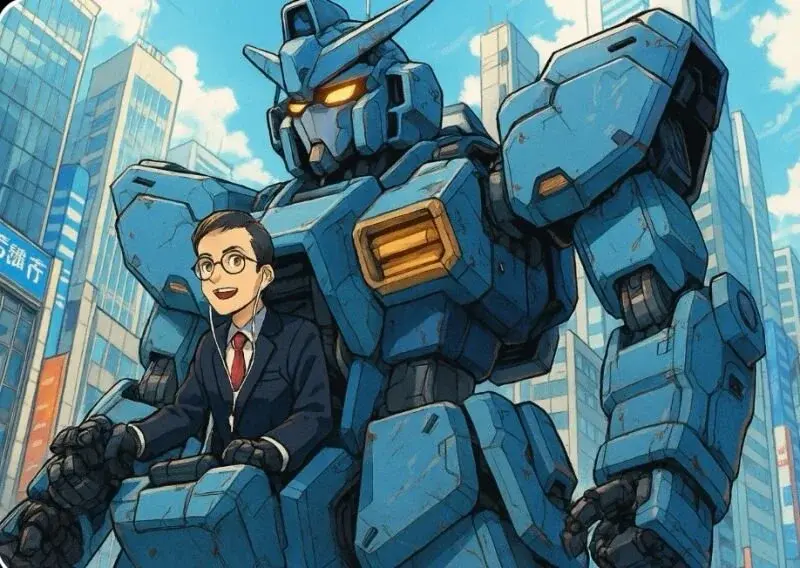 Uomo in giacca e cravatta sorretto da un gigantesco mech blu in stile anime, metafora dell'AI come esoscheletro