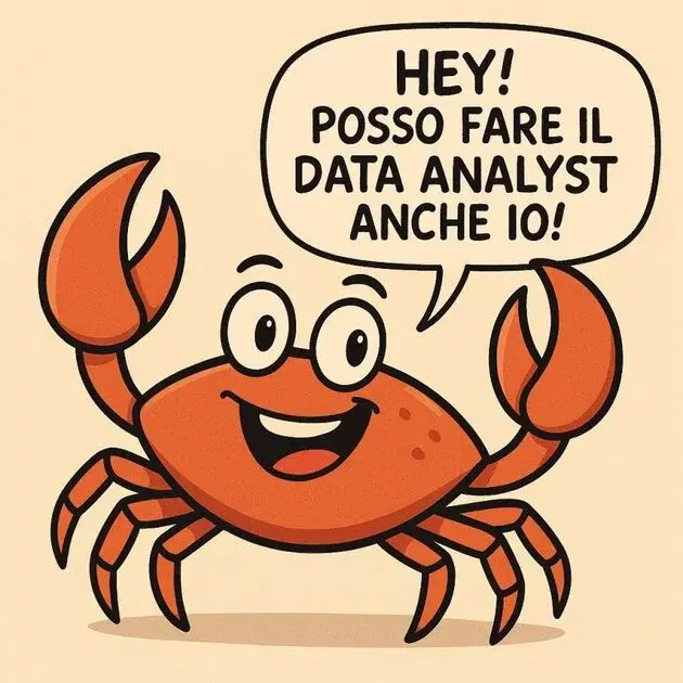 Granchio arancione sorridente con fumetto che dice "Hey! Posso fare il data analyst anche io!" - mascotte OpenClaw
