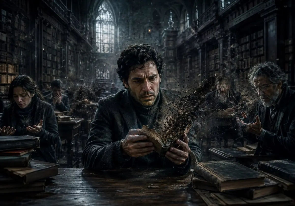 Biblioteca gotica con uomo che legge un libro che si disintegra in polvere, simbolo della morte della nonfiction