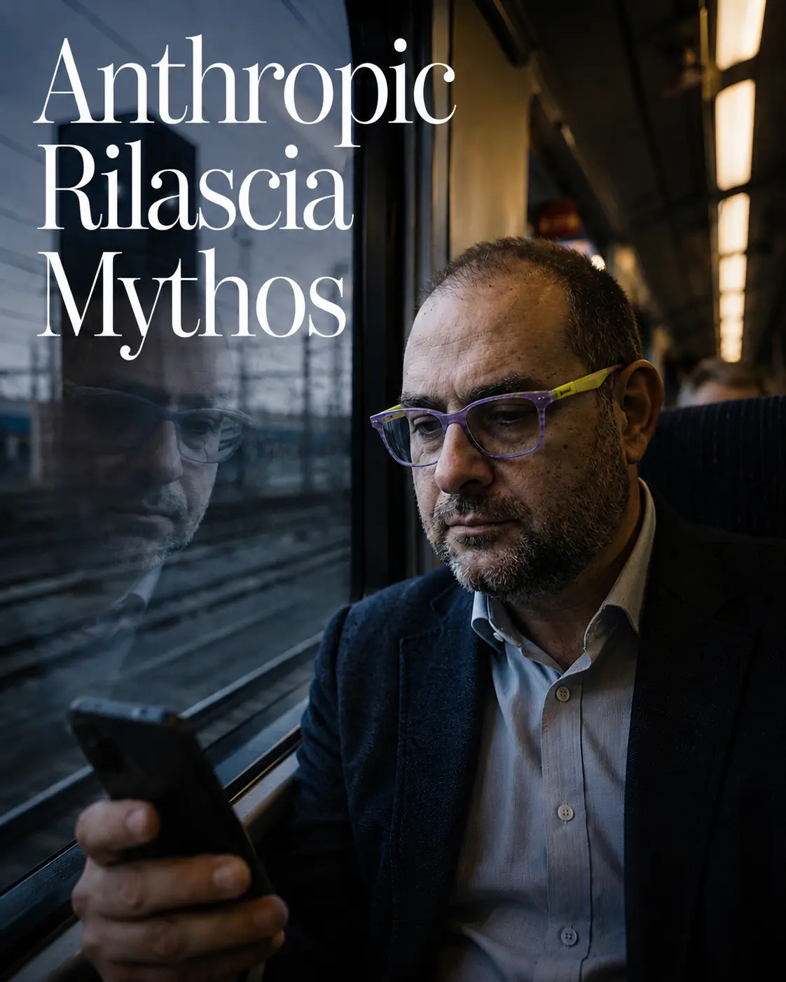 Illustrazione Anthropic Rilascia Mythos con uomo che legge su smartphone