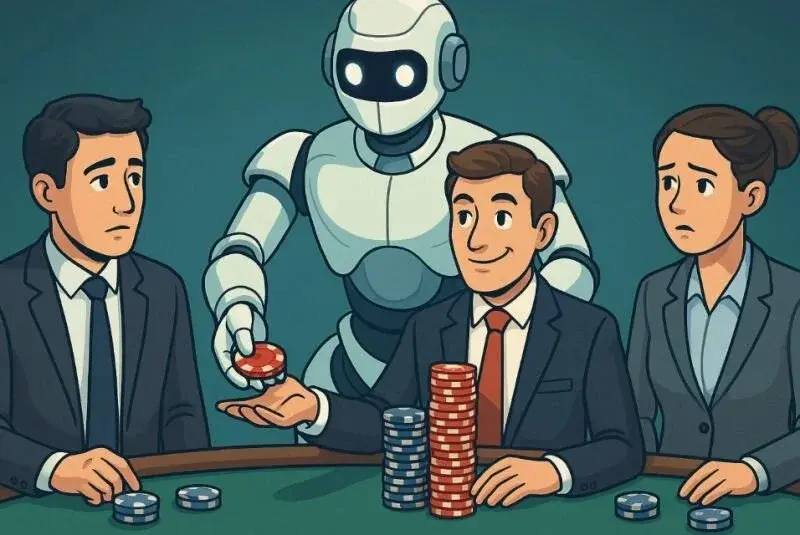 Robot che distribuisce fiches a professionisti al tavolo da gioco, metafora dell'ATS che decide le carriere aziendali