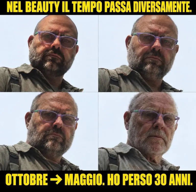 Quattro selfie in sequenza dello stesso uomo con gli occhiali viola che invecchia progressivamente, con la scritta: Ottobre, maggio. Ho perso 30 anni