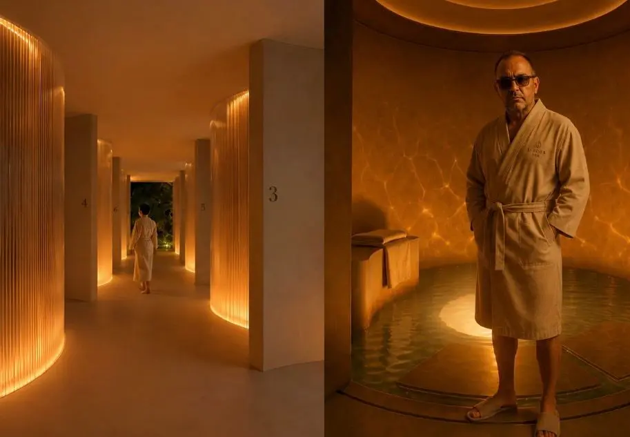 Corridoio di lussuosa spa con lighting dorato, uomo in accappatoio consulta tablet