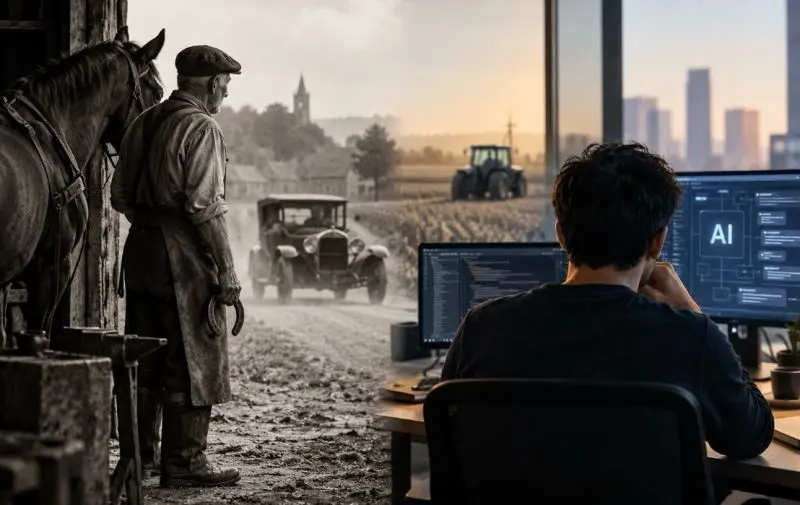Timeline generazionale: dal bisnonno maniscalco con cavalli, al nonno elettricista con fili, al padre esattore al telefono, fino al figlio sviluppatore AI al computer. Rappresentazione della continuità del senso del lavoro oltre i cambiamenti tecnologici