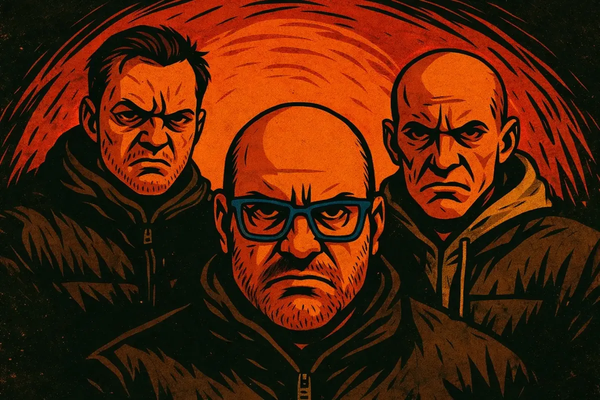 Illustrazione in stile noir di tre figure maschili dall'aria minacciosa, protagonisti della Cena Malvagia su infrastrutture IT