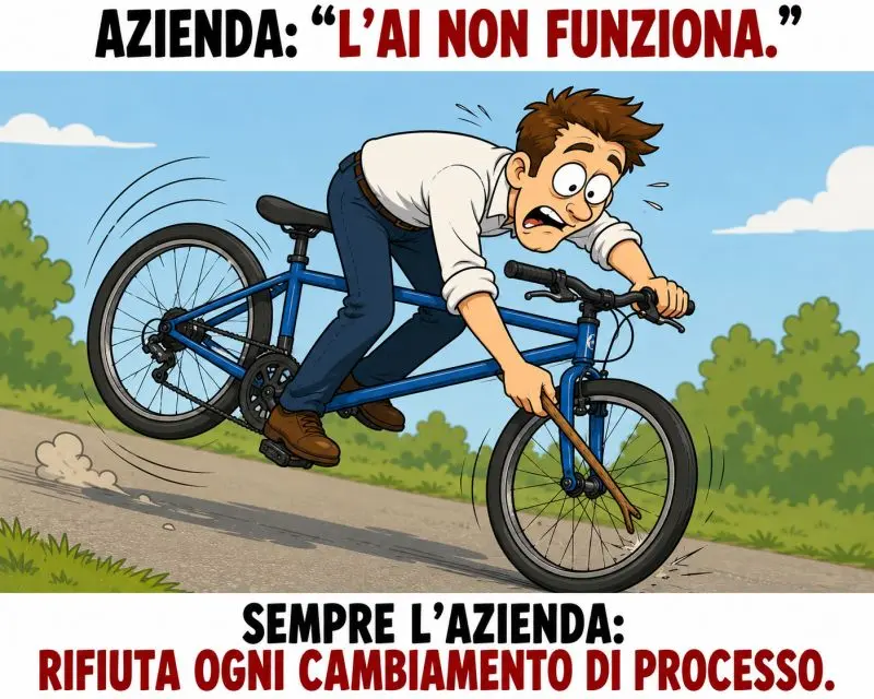 Cartoon di un uomo in bicicletta che cade, didascalia: 'Azienda: l'AI non funziona. Sempre l'azienda: rifiuta ogni cambio di processo'