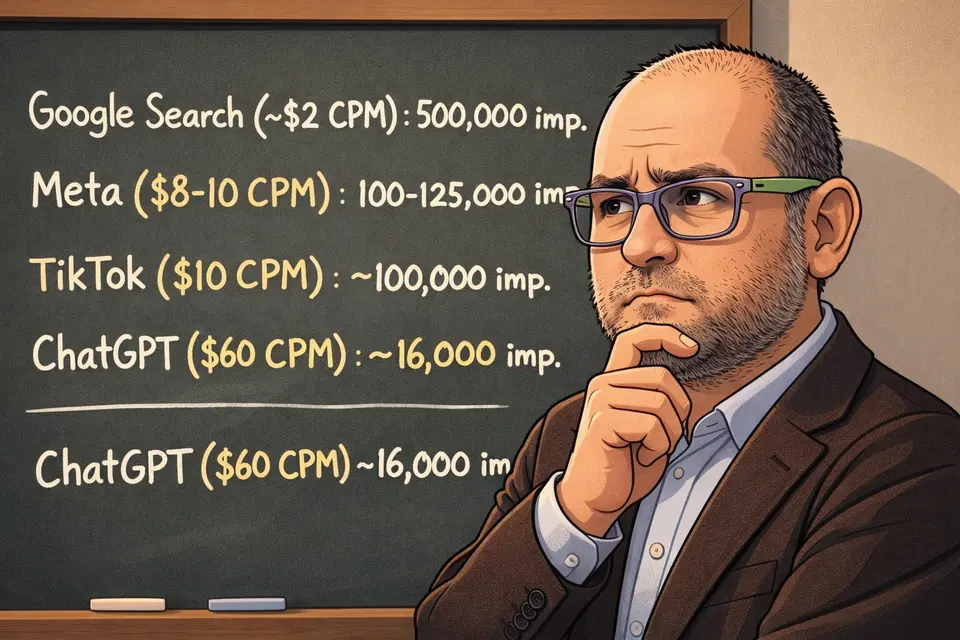 Uomo riflessivo davanti a lavagna con comparazione CPM tra piattaforme: Google Search $2 (500k imp), Meta $8-10 (100-125k imp), TikTok $10 (100k imp), ChatGPT $60 (16k imp)