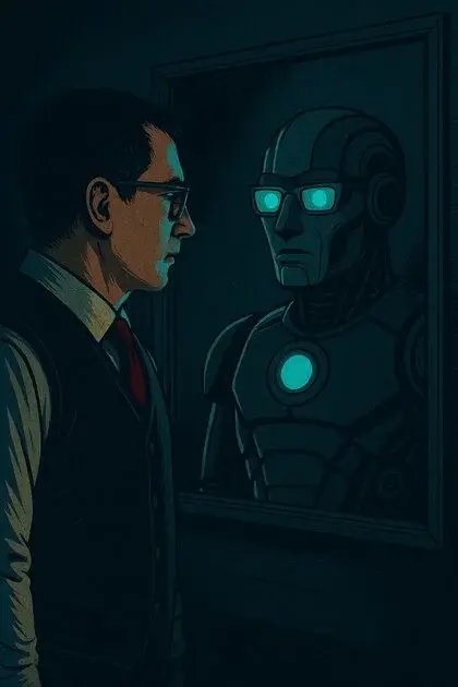 Uomo in giacca e cravatta si specchia vedendo un robot con occhi luminosi: metafora del rapporto tra utenti e IA sanitaria