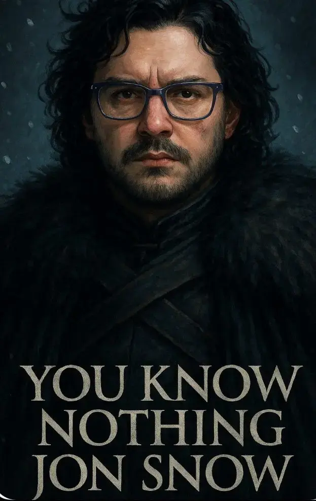 Meme di Jon Snow con occhiali e scritta "You know nothing Jon Snow", citazione sull'ignoranza da Game of Thrones