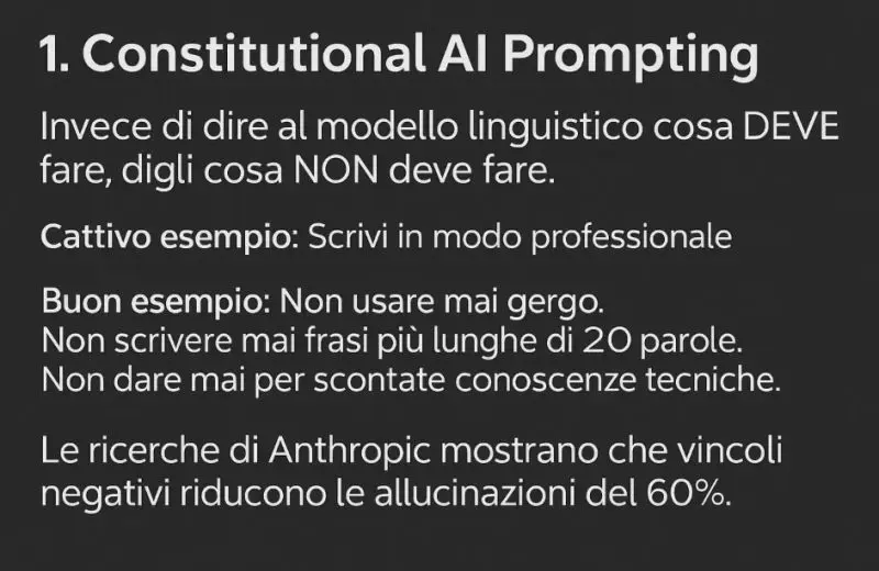 Slide che spiega il Constitutional AI Prompting con esempi di vincoli negativi per ridurre le allucinazioni del 60%