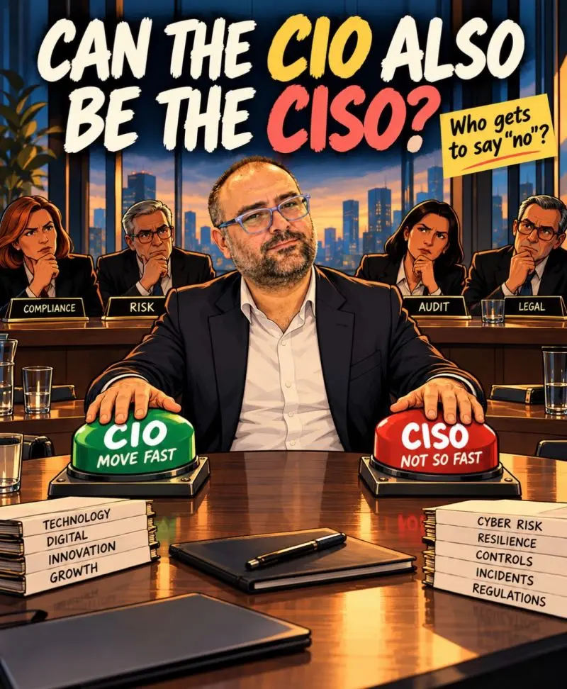Uomo in sala riunioni con pulsanti CIO e CISO, circondato da figure che rappresentano compliance, risk, audit e legal