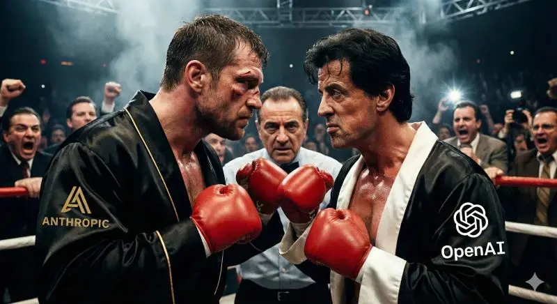 Due pugili sul ring con loghi Anthropic e OpenAI, metafora della competizione tra Claude e ChatGPT nel coding
