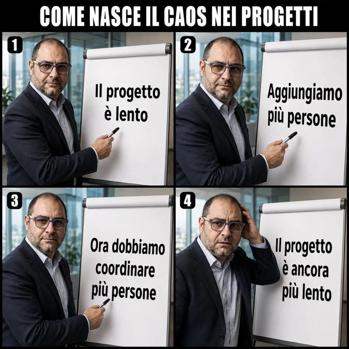 Meme: quattro pannelli che mostrano la progressione da 'Il progetto è lento' a 'Aggiungiamo più persone' a 'Ora dobbiamo coordinare più persone' a 'Il progetto è ancora più lento'