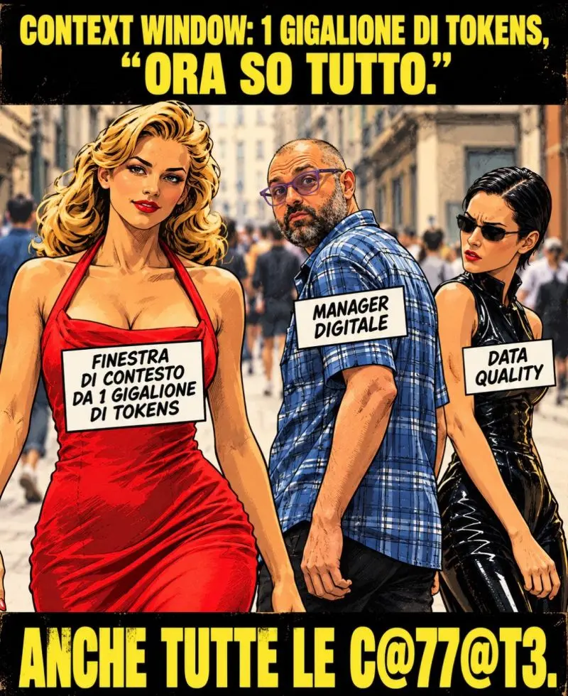 Fumetto in stile pop: una donna con un abito rosso con la scritta Finestra di contesto da 1 gigalione di tokens, un manager digitale in camicia a quadri e una data quality dal look di cuoio nero, con la scritta: Ora so tutto