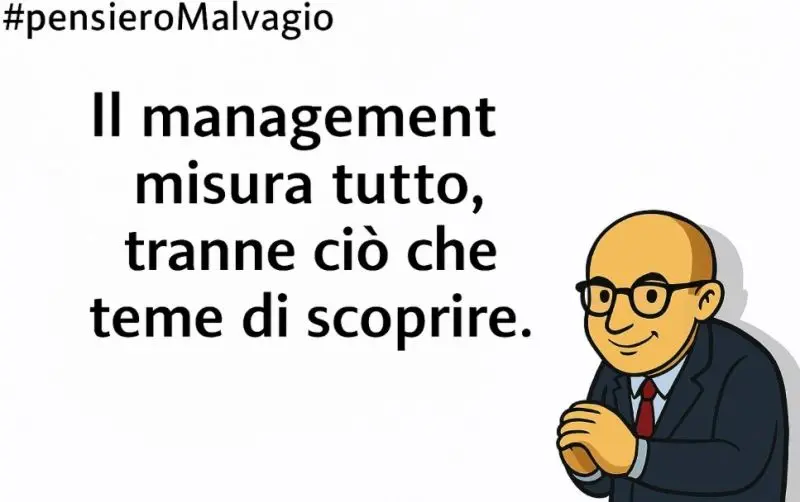 Illustrazione di manager con occhiali e sorriso sardonico. Testo: 'Il management misura tutto, tranne ciò che teme di scoprire' #pensieroMalvagio