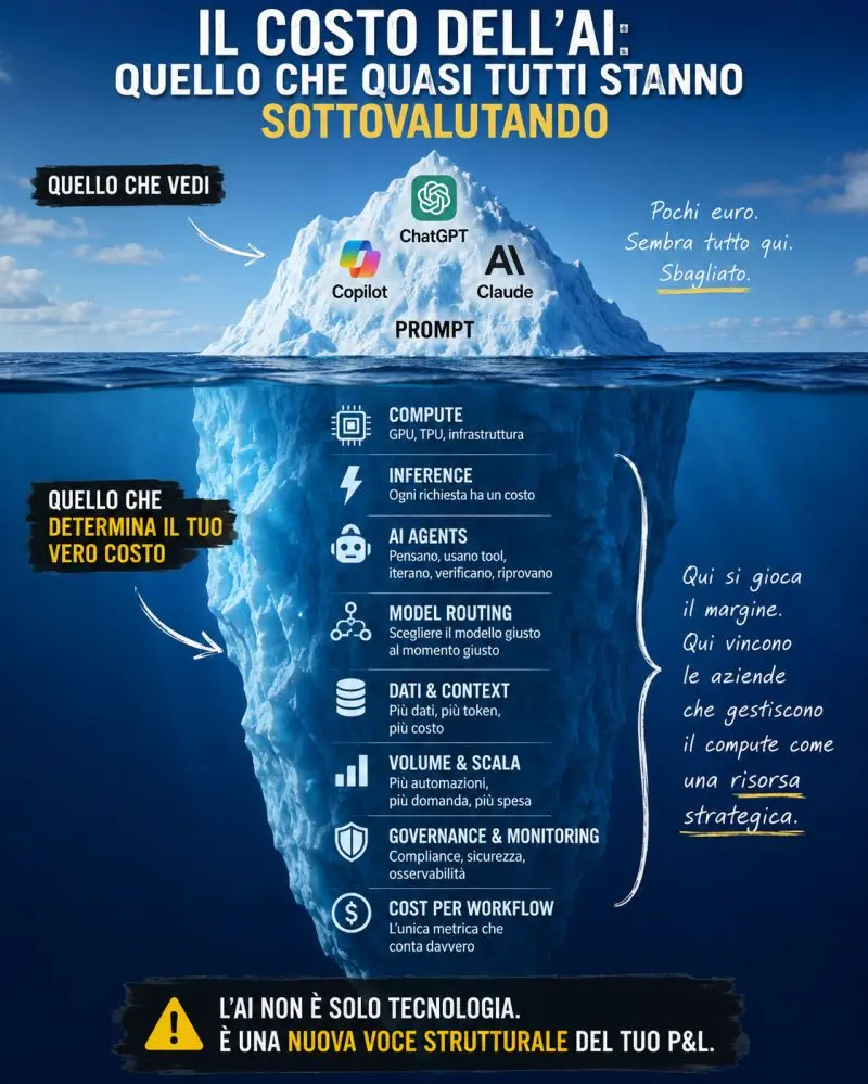 Iceberg dell'AI: in superficie cosa vediamo (ChatGPT, Copilot, Claude, prompt), nel profondo cosa determina il vero costo (compute, inference, agenti, routing, dati, volume, governance)