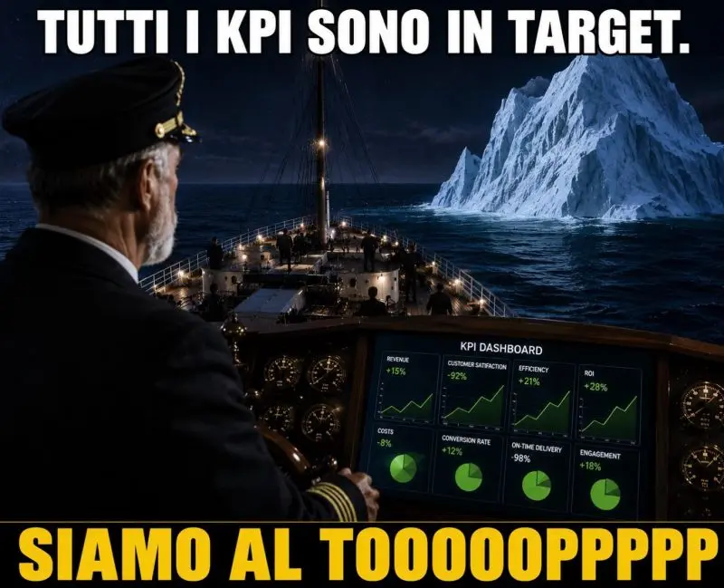 Capitano del Titanic guarda dashboard KPI mentre naviga verso l'iceberg: tutti i KPI sono in target