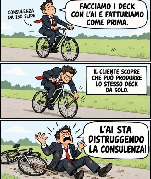 Fumetto in tre vignette: un consulente in bicicletta con un deck da 150 slide, il cliente che scopre di poterlo fare da solo, e il consulente caduto a terra che grida che l'AI sta distruggendo la consulenza