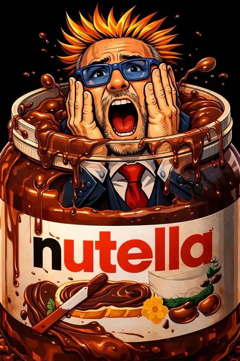 Uomo in giacca e cravatta che urla mentre affonda in un barattolo di Nutella, metafora del Digital Manager nel caos