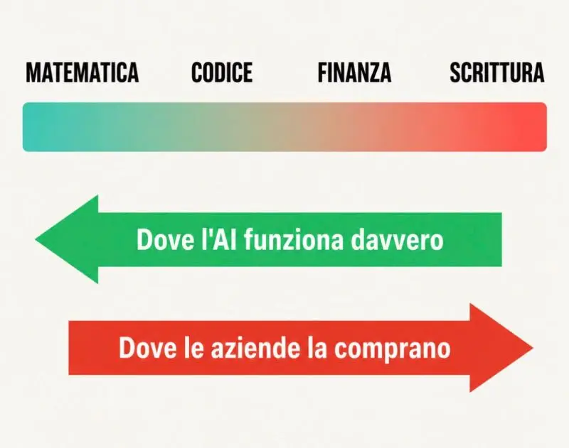 Spettro di difficoltà dei problemi: da Matematica a Scrittura, con frecce che mostrano dove l'AI funziona bene (sinistra) vs dove le aziende la comprano (destra)
