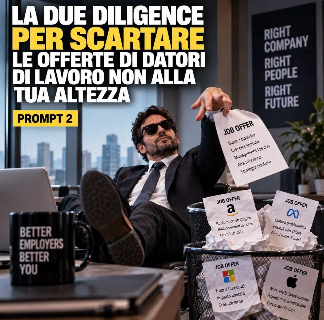 Uomo d'affari che scarta offerte di lavoro nella spazzatura con disprezzo