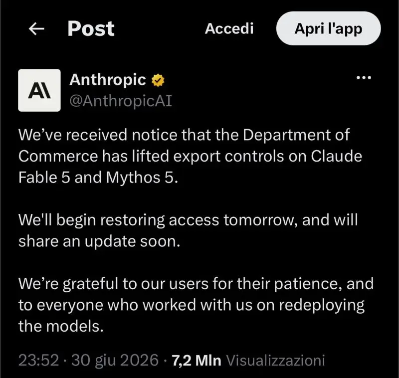 Tweet di Anthropic che annuncia il lift sugli export controls di Fable 5 e Mythos 5