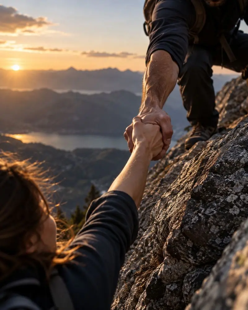 Due mani che si stringono su una cresta rocciosa di montagna al tramonto, con una persona che tira su un'altra da sopra e un lago nella valle