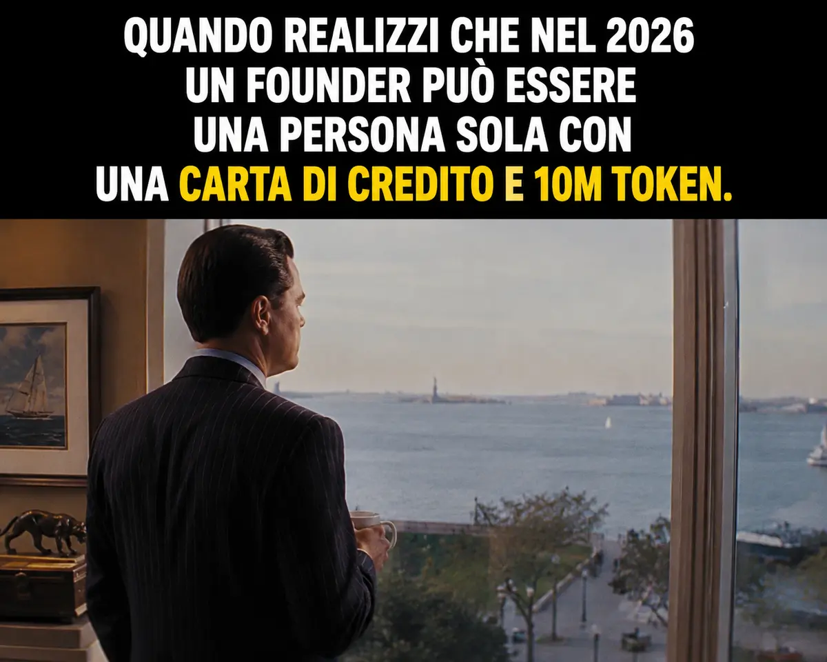 Fondatore guarda verso il mare da una finestra di lusso, testo: Quando realizzi che nel 2026 un founder può essere una persona sola con una carta di credito e 10M token