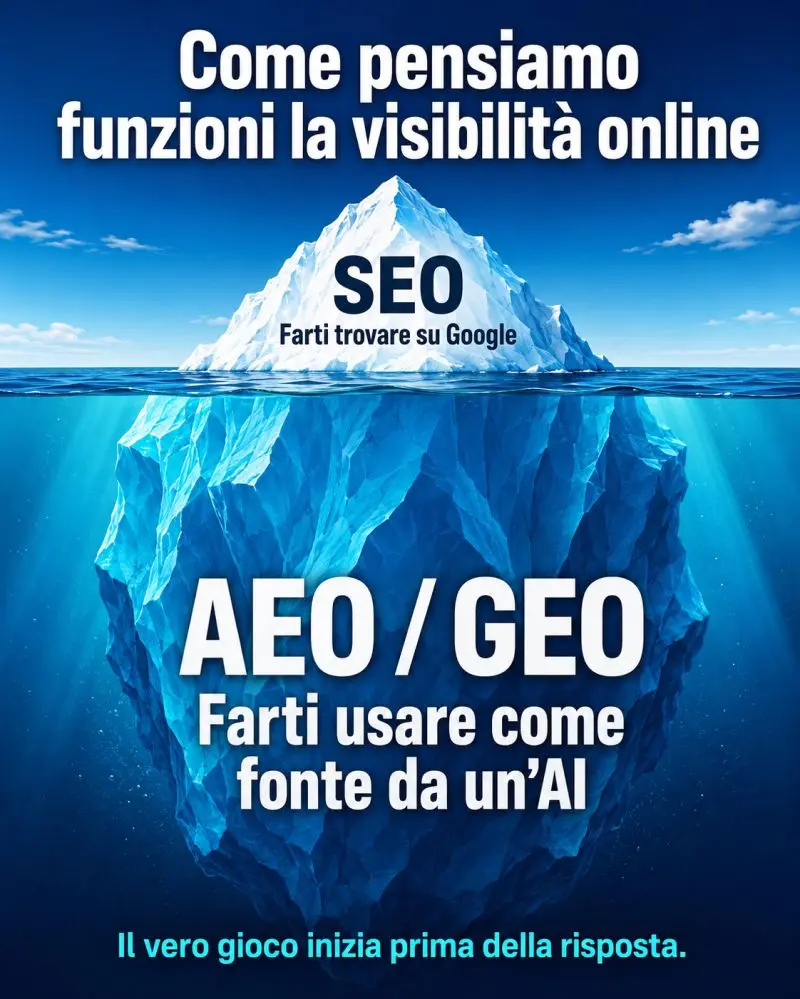 Iceberg che rappresenta come la visibilità online stia passando da SEO (visibile, su Google) a GEO/AEO (invisibile, per gli LLM)