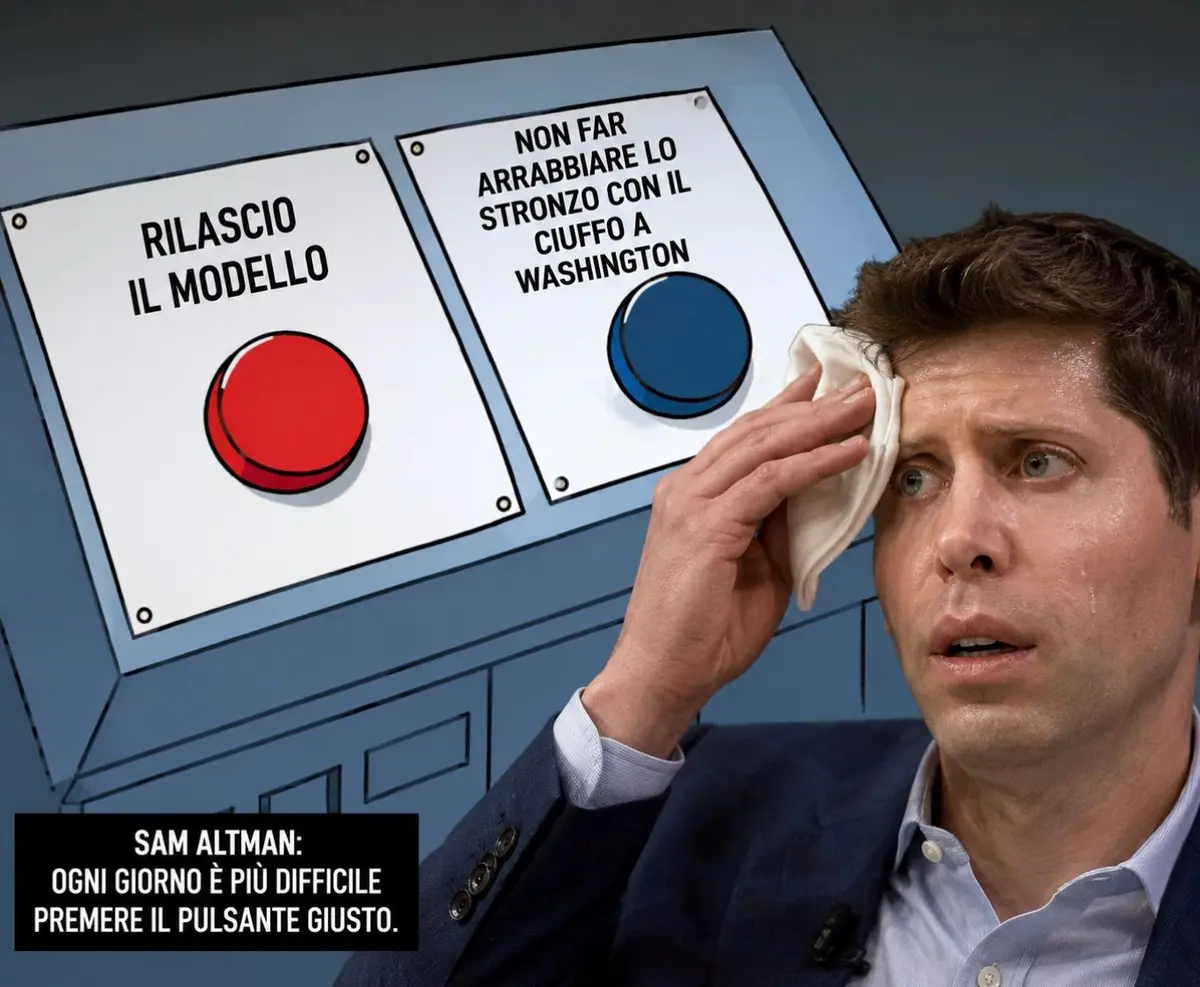 Sam Altman di fronte a due pulsanti: uno rosso per rilasciare il modello, uno blu per non far arrabbiare Washington
