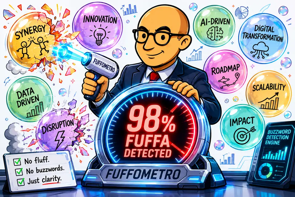 Illustrazione di una persona circondata da fumo di fuffa aziendale e buzzword