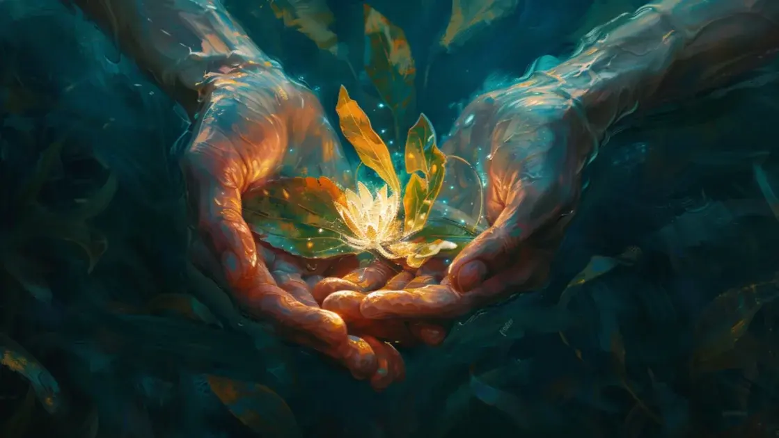 Mani che custodiscono una pianta luminosa sott'acqua, simbolo di crescita sostenibile e tecnologia in armonia con la natura