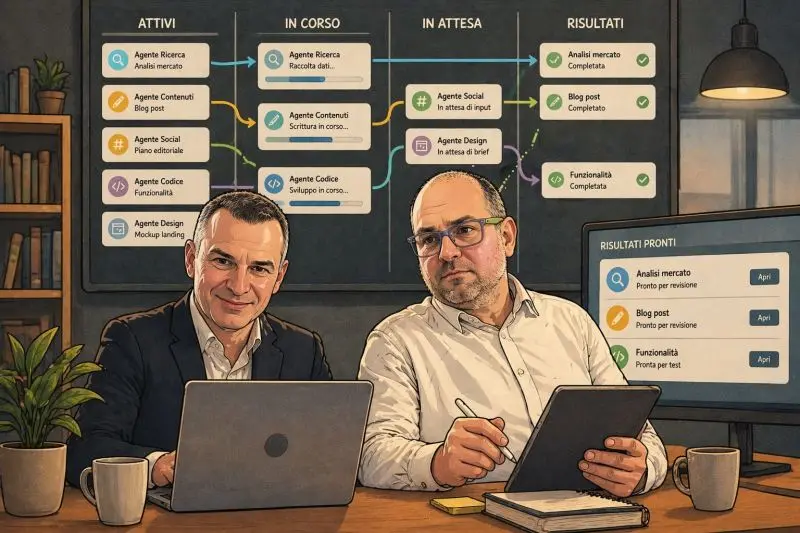Illustrazione che rappresenta il metodo di lavoro asincrono con agenti AI: pipeline parallele, orchestrazione di flussi, e decisioni come collo di bottiglia.