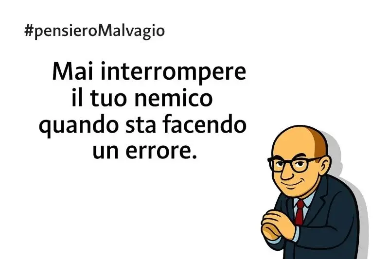 Illustrazione di uomo calvo con occhiali e sorriso furbo, citazione di Napoleone sul non interrompere il nemico che sbaglia