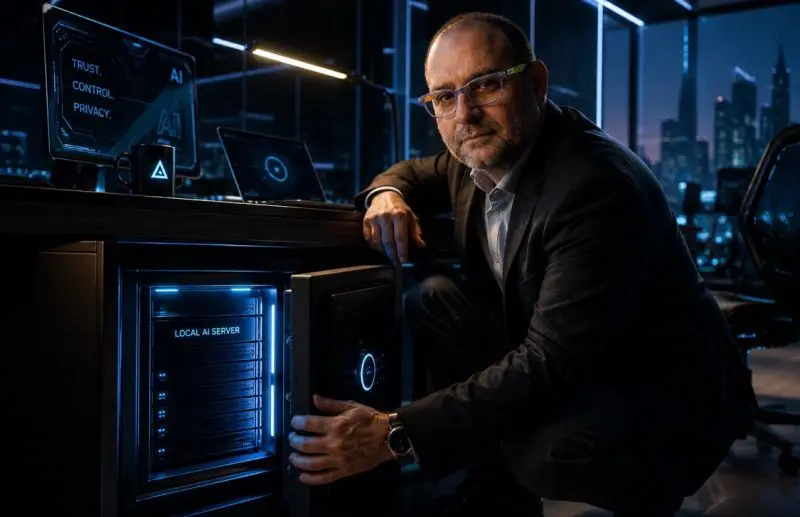 Uomo in ufficio moderno con vista notturna sulla città, con le mani su un server locale illuminato in blu con scritto "LOCAL AI SERVER", pannello di controllo con "TRUST CONTROL PRIVACY"