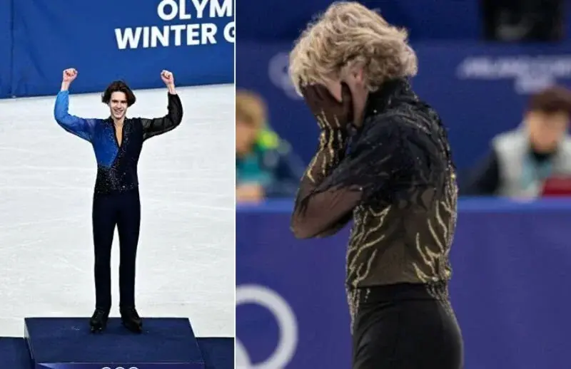 Shaidorov esulta sul podio olimpico mentre Malinin si copre il volto dopo la delusione a Milano Cortina 2026