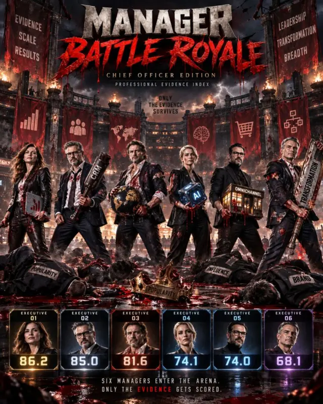 Manager Battle Royale: sei executive in un'arena futuristica digitale competono per il titolo, ognuno con uno score basato su evidenze pubbliche