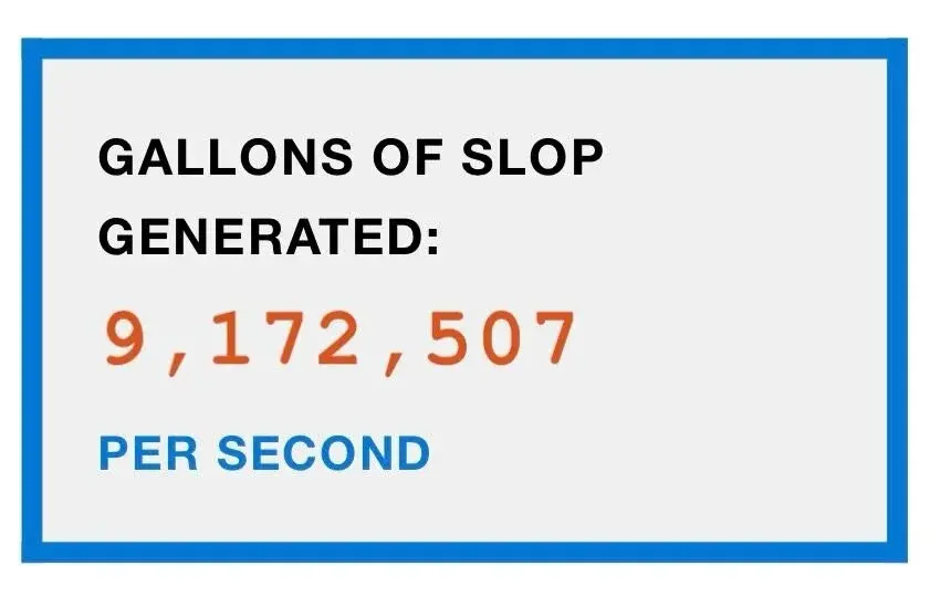 Contatore satirico mostra 9.172.507 galloni di slop generati al secondo, ironizzando sui contenuti AI di bassa qualità