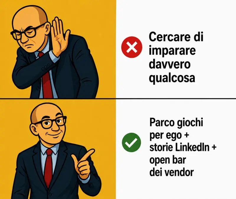 Meme satirico: sbagliato cercare di imparare davvero, giusto parco giochi per ego + storie LinkedIn + open bar dei vendor