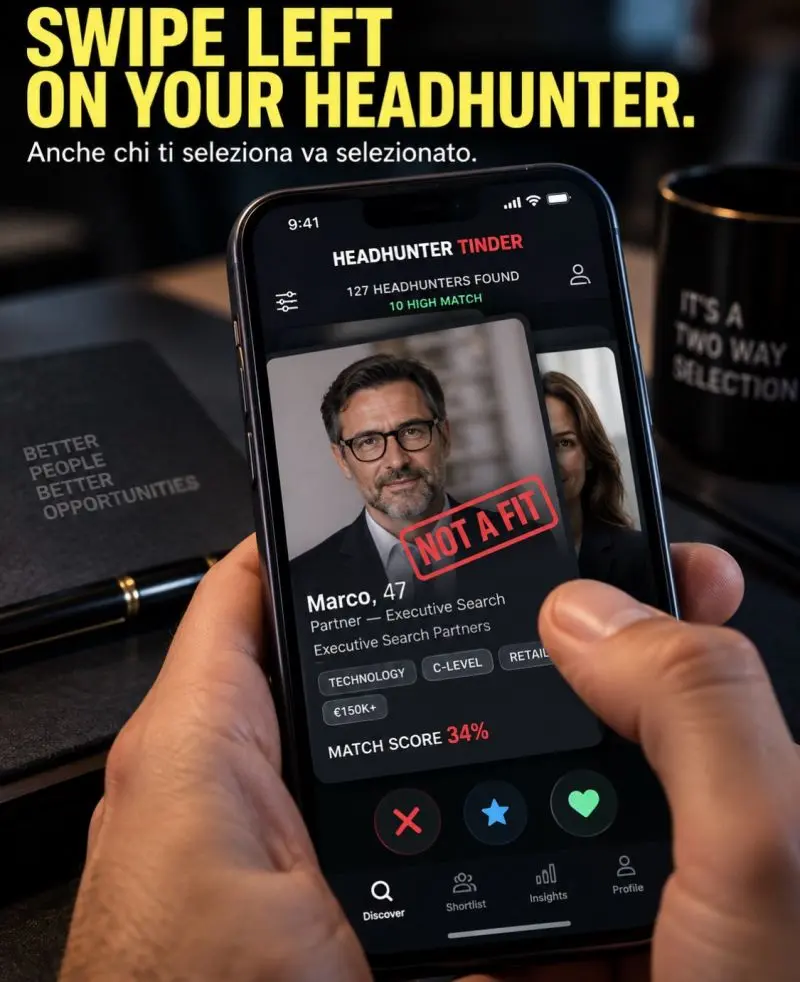 Interfaccia Tinder per headhunter: match score 34% con spunta 'NOT A FIT'