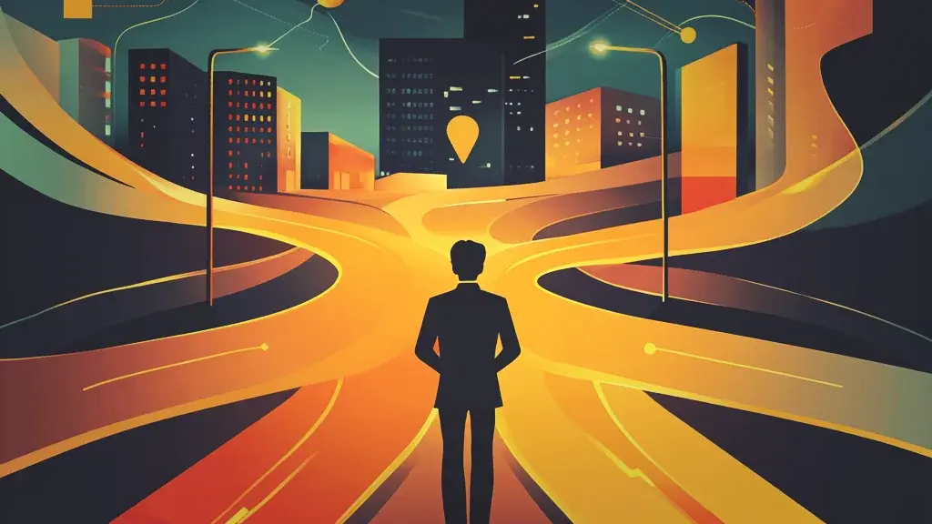 Silhouette di professionista a un bivio tecnologico con strade illuminate verso una città futuristica