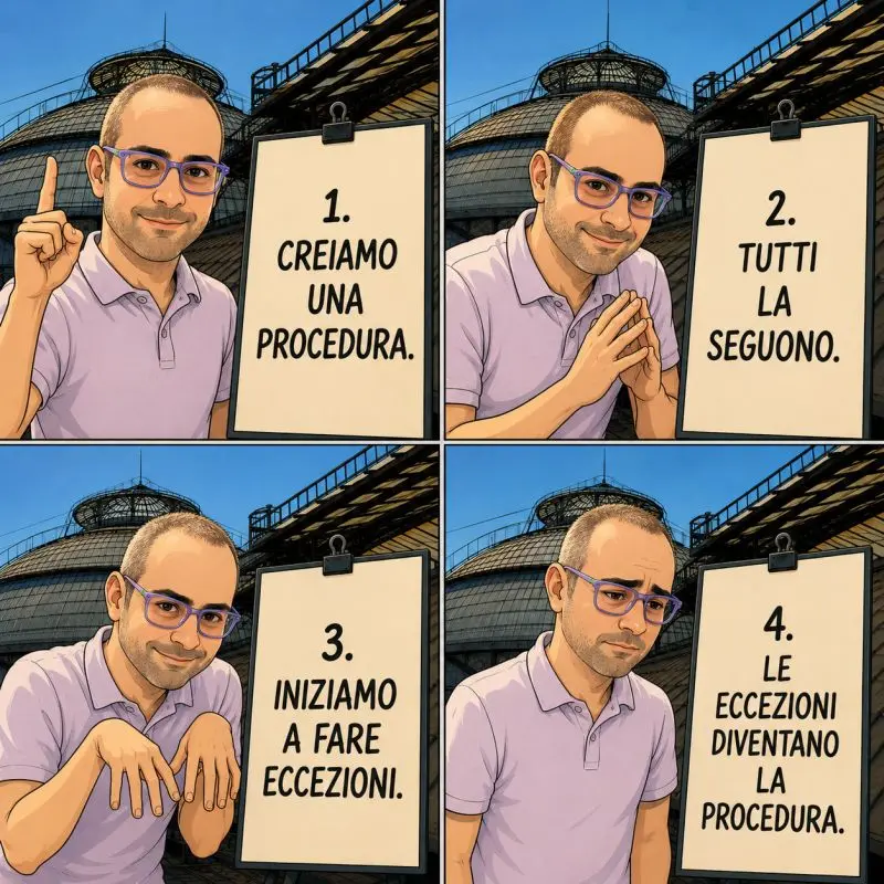Meme a quattro vignette che illustra come le eccezioni alle procedure diventano la norma