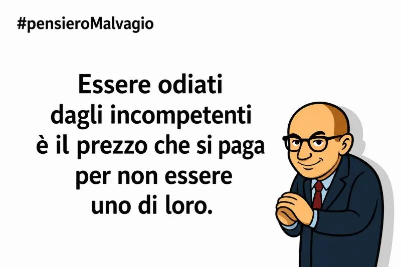 Vignetta satirica con personaggio sorridete e testo '#pensierMalvagio: Essere odiati dagli incompetenti è il prezzo che si paga per non essere uno di loro'
