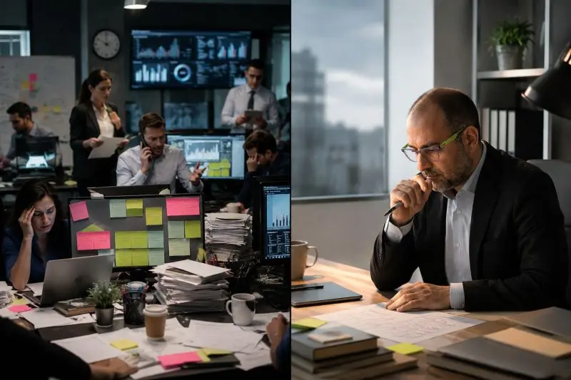 Contrasto tra team caotico pieno di meeting e task vs manager sereno che riflette con focus e chiarezza