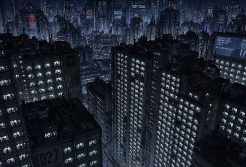Skyline notturna di una metropoli con edifici illuminati che simboleggia il controllo e la sorveglianza della narrativa tecnologica