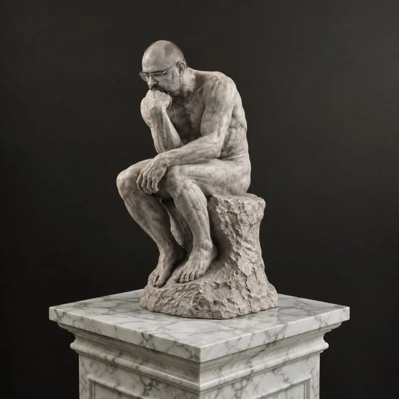 Statua in marmo di un uomo nudo con occhiali, seduto e pensieroso come Il Pensatore di Rodin, su un piedistallo di marmo
