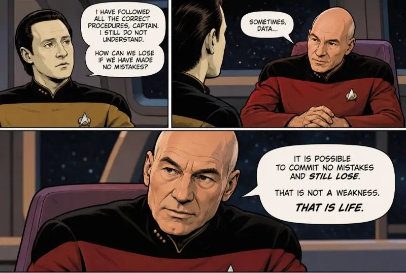 Fumetto: Data chiede al capitano Picard come si possa perdere senza aver commesso errori, e Picard risponde che è possibile, che non è una debolezza, che è la vita