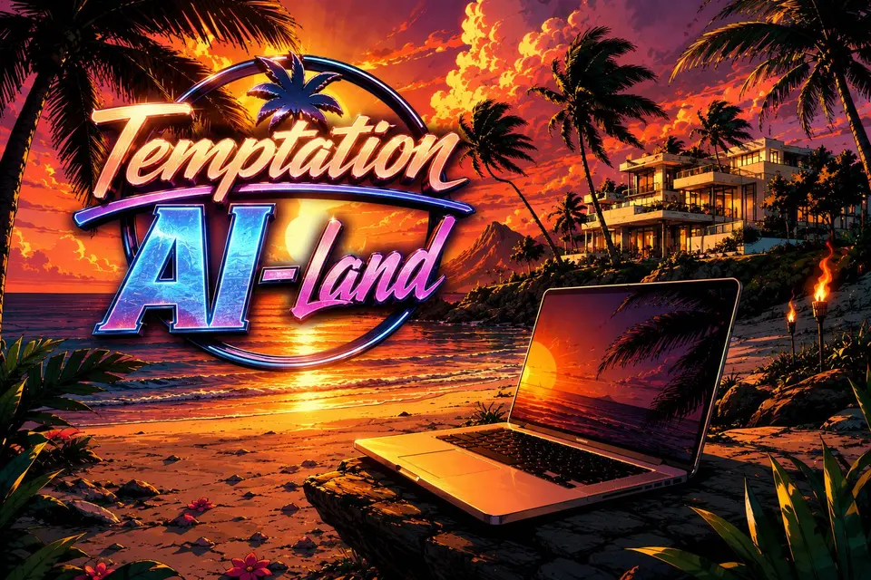 Insegna al neon 'Temptation AI-land' con laptop su spiaggia tropicale al tramonto